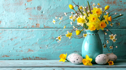 On a table sits a vase of daffodils surrounded by Easter eggs.