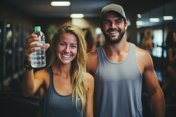 High five, fitness and happy man and women water drink after training workout in gym together - obrazy, fototapety, plakaty
