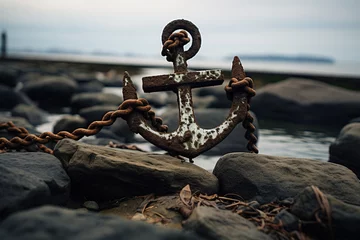  An old rusty anchor lies on the pebble shore. Generated by artificial intelligence © Vovmar