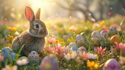 Fototapeta na wymiar Easter Bunny rabbit with egg in wonderland. Generative AI