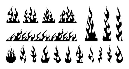 Classic silhouette flame, old school style. Black fire set isolated on white background. Old school and retro tattoo, neo-tribal style. Minimalist stylish fire. Vector graphic blaze collection.