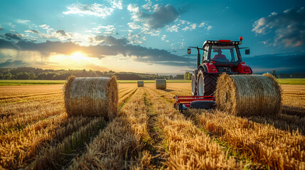 Farmer on tractor collecting grass into bales after mowing, blue sky with clouds at sunset, Earth...