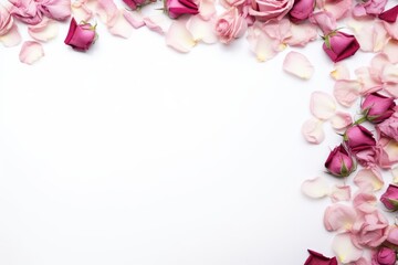 Frame of dried roses and petals on a white backdrop. Elegant Roses and Petals Frame