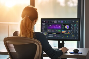 A woman sitting on a chair from behind, using a computer with a screen displaying advanced charts and grapghs software.