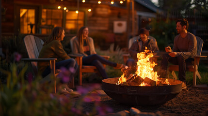 A group of people relaxing around a large bonfire in front of a large cottage decorated with lights