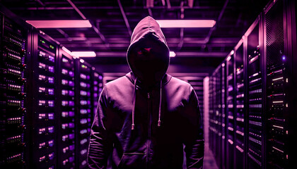 Hacker inside Data Center hacking the Information storage warehouse. Cyber security, protection concept