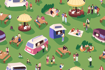 Street food festival in amusement park endless pattern. Summer entertainment: fun on attractions, eating outdoor. People have picnic, relax on funfair panorama. Flat vector seamless illustration