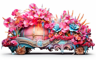 Carnival Floats Adorned with Vibrant Flowers and Ribbons Isolated on White Background.