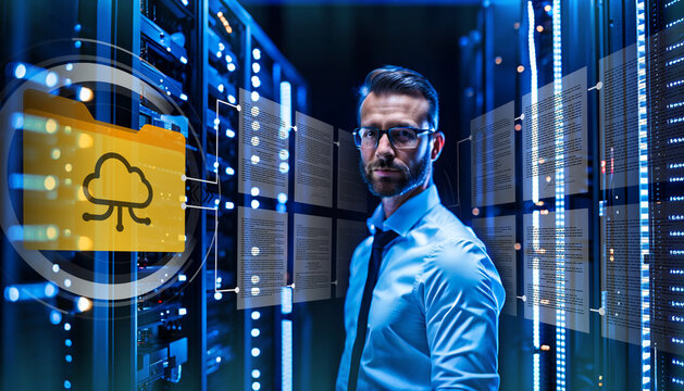 Data Center Information storage warehouse. Chief Technology Officer Holding. Cyber security concept.