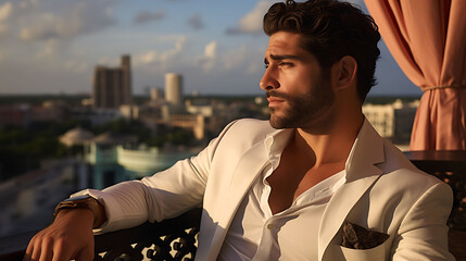 Handsome Latino man with model looks, lounging on the terrace of his penthouse with a bay view. - obrazy, fototapety, plakaty