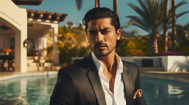 Handsome Latino man with model looks, unwinding in the private pool of his oceanfront villa