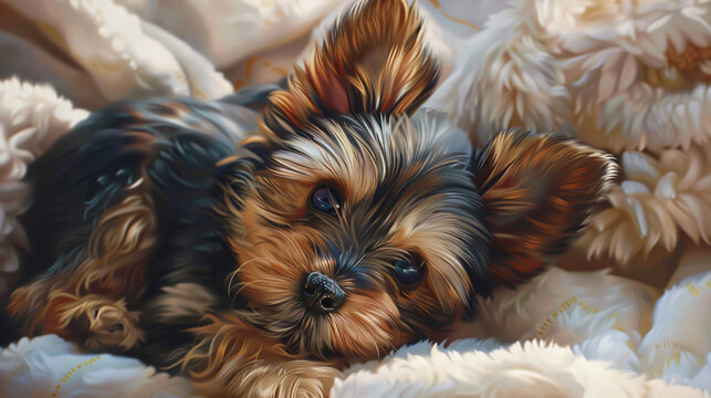  a hyperrealistic image capturing the endearing playfulness of a Yorkshire Terrier puppy.