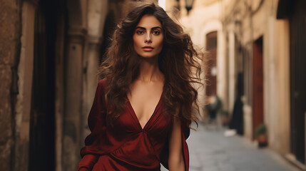 Beautiful Italian woman with model looks, strolling through narrow streets of an old Italian town
