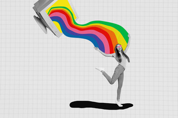 Positive lady dancing collage illustration of young girl dancing raised hands up watching tv lgbt...