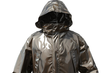 A gray raincoat with a metallic shine and a logo, isolated on transparent background, png file.