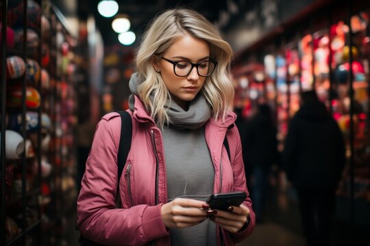 young girl uses smartphone with social media icons