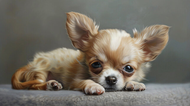 a hyperrealistic image capturing the playful exuberance of a Chihuahua puppy