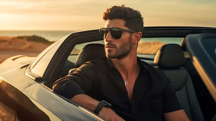 Foto op Plexiglas Handsome Latino man with model looks, cruising in a luxury sports car along the coastline. © Dennis