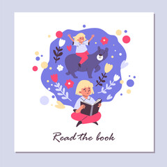 Flat design flyer with a girl reading a fairy tale and dreaming of adventure.