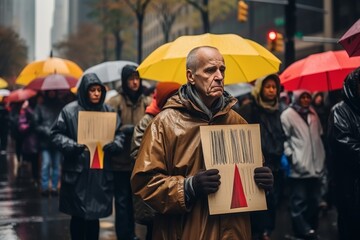 Group of multiracial peace activists walking on the street holding posters and banners - Diverse crowd of antiwar people protesting against war