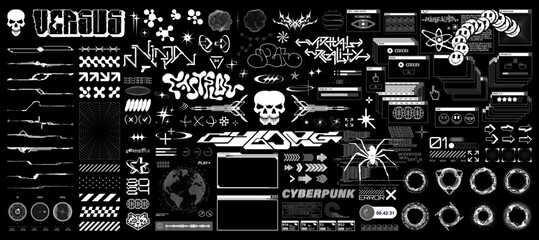 Futuristic typeface graphic in Sci-fi art style, Digital elements - HUD, y2k, digital lettering. Cyberpunk art graphic box for t-shirt, merch, streetwear, typography. 3D elements, UI, HUD. Vector set