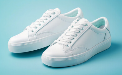 Close-up of White Sneakers on Light Blue