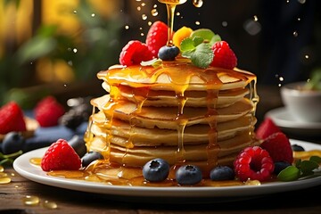 A Stack of Delicious Pancakes Drizzled with Maple Syrup and Topped with Fresh Berries