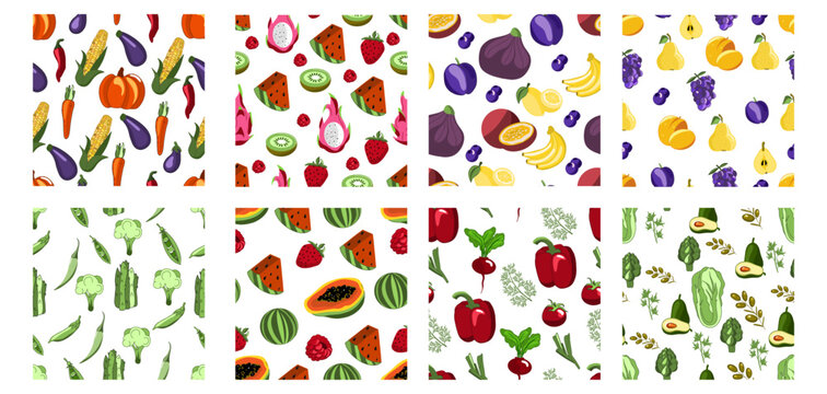 Seampless pattern with fruits and vegetables.Grapes, avocado, peppe and apricot, pear on a white background. Cute vector background.