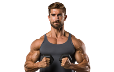 A muscular man wearing a gray tank top is shown flexing his muscles. His arms, chest, and abdominal muscles are visibly. on a White or Clear Surface PNG Transparent Background.