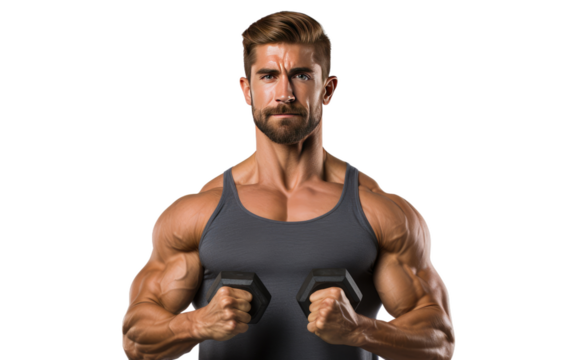 A muscular man wearing a gray tank top is shown flexing his muscles. His arms, chest, and abdominal muscles are visibly. on a White or Clear Surface PNG Transparent Background.