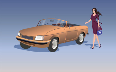 Fototapeta na wymiar Retro car and a girl next to it on a neutral background. Vector.