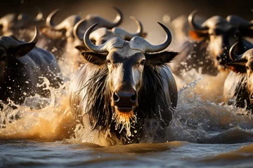 Fototapeten A dramatic encounter between a wildebeest and a crocodile in a muddy river, surrounded by flying birds, depicting the rawness of nature © anwel