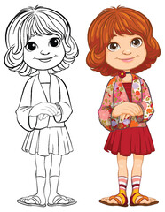 Vector illustration of girl, colored and line art.