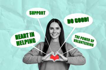 Creative abstract template graphics collage image of charming smiling lady asking do good isolated...
