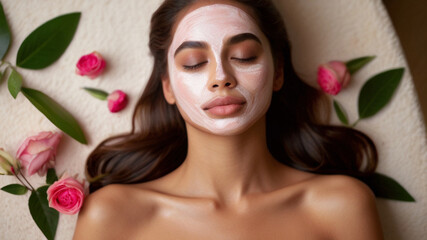 Gorgeous young woman with skin care pink clay mask on her face,  for softening and soothing sensitive and weakened skin. It gently exfoliates the skin of the face. - obrazy, fototapety, plakaty