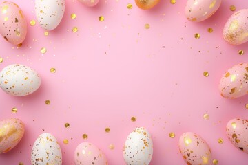 Top view of a unique frame created from painted Easter eggs against a light solid background, embodying the essence of Easter