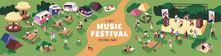 Promo of open air music festival on advertisement poster, banner. Performance on stage, people dance, have a picnic, camping in amusement park with attractions, food trucks. Flat vector illustration