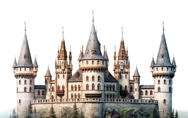 Fototapeta premium Drawing of a Castle on a Hill. The drawing depicts a medieval castle situated atop a hill, surrounded by lush greenery. on a White or Clear Surface PNG Transparent Background.