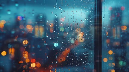 Raindrops on glass window with blurred city night, AI generated Image