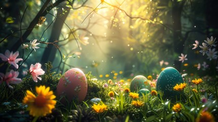 Obraz na płótnie Canvas Easter Bunny rabbit with egg in wonderland. Generative AI