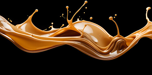 Liquid caramel wavy splash isolated on black background