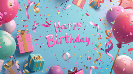 Vector design template for birthday celebrations, featuring "Happy Birthday" typography alongside balloons, confetti, and a gift box, suitable for greeting cards, posters, and other festive materials.