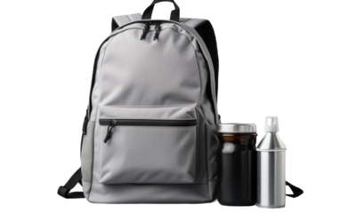 Backpack With Water Bottle and Bottle of Water. A backpack laying on the ground with a bottle placed next to it. on a White or Clear Surface PNG Transparent Background.
