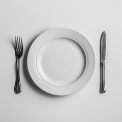Fork, plate, knife, white background, AI generated Image