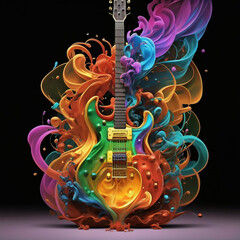 The 4D digital art image of thick gold, red, green, and blue smoke forms over the guitar, a Bright...
