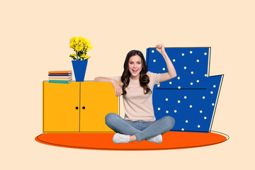 Collage creative picture image illustration excited happy smile young woman sit floor interior...