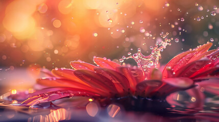 Beautiful close-up gerbera flower with water splashing against a bright sunlight background, rasa - obrazy, fototapety, plakaty