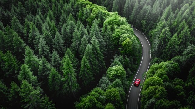 an aerial view of a curvy road cutting through a dense, green forest. There is a red car traveling along the road. The curvature of the road creates an S-shape