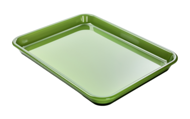 Green Plastic Tray. A green plastic tray is creating a stark contrast between the two colors. The tray appears clean and smooth. on a White or Clear Surface PNG Transparent Background.