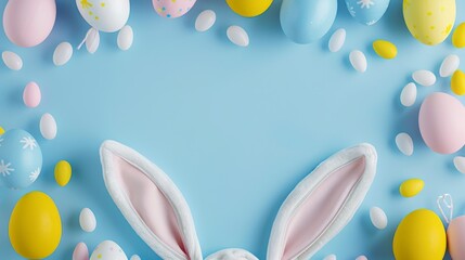 easter bunny ears white pink blue and yellow easter eggs on pastel blue background with copyspace...